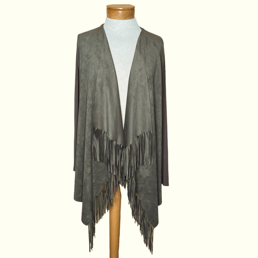 INC International Concepts Women’s Faux Suede & Knit Open Fringe Cardigan XL EUC